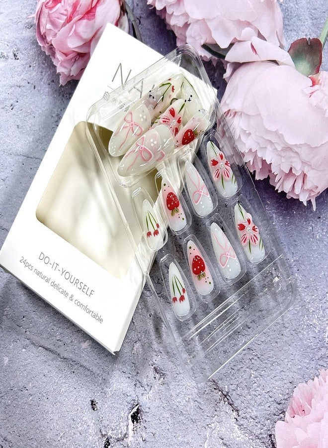 CJDLTS Flower Press on Nails Medium Almond Shaped 3D Cute Floral Blush Strawberry with Glossy Rabbit Pearl Stick on Nails Full Cover Artificial Acrylic Fingernails Glue on Nail for Women Manicure - Image 4